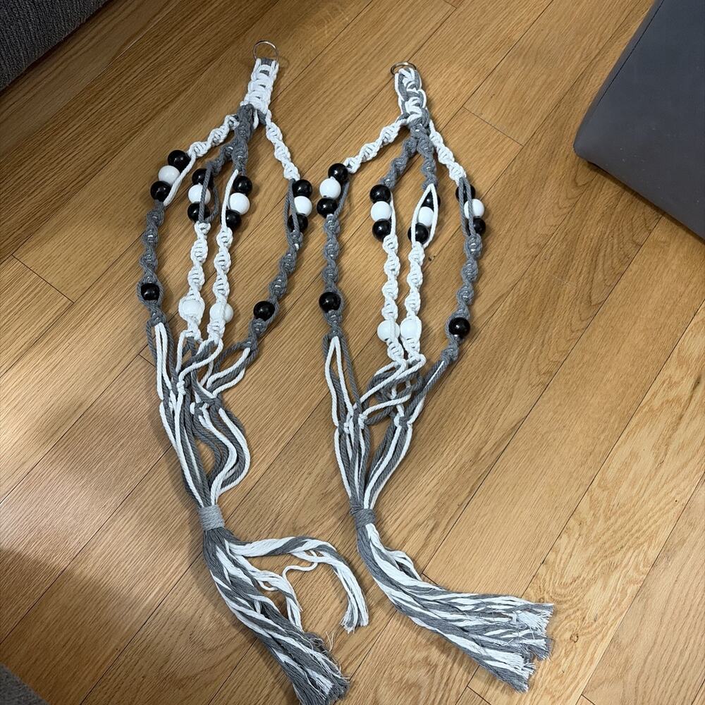 Set of 2 Boho handmade Macrame Plant Hangers with Wood Beads 32 “Indoor